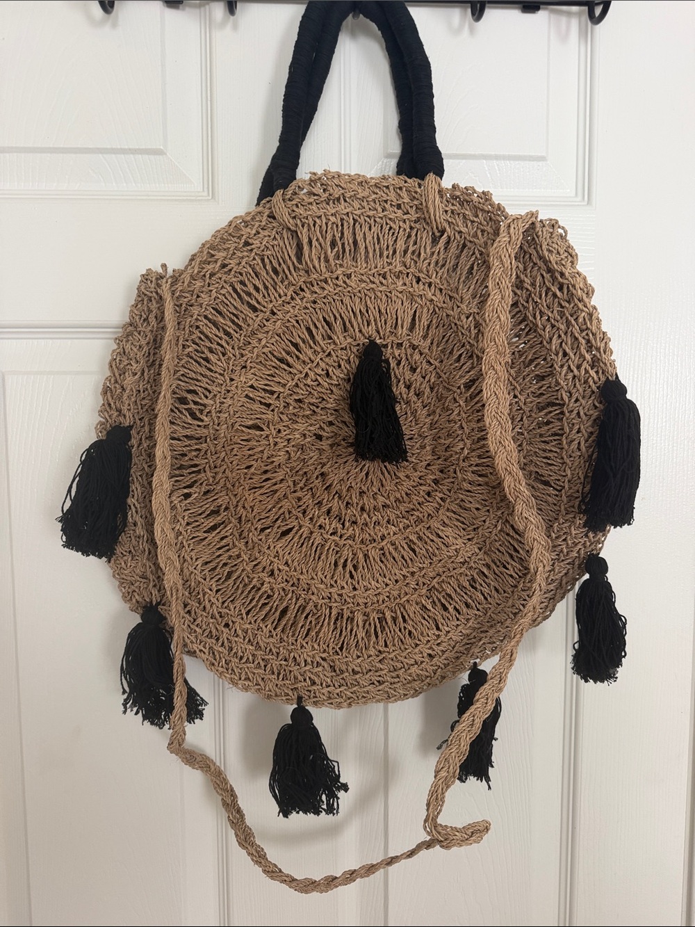 Woven Round Tassel Shoulder Bag - Beige and Black